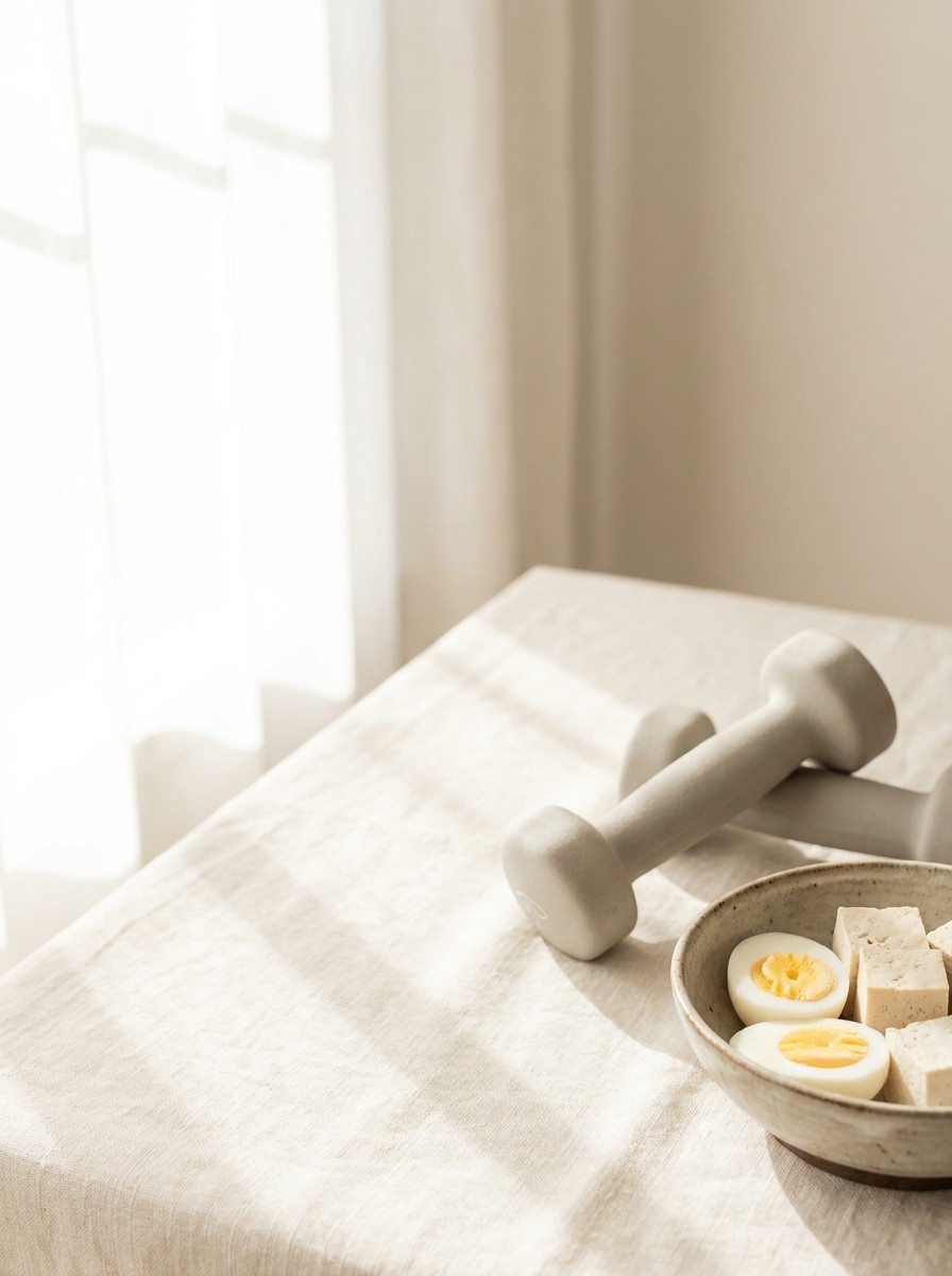 Light gray dumbbells and a bowl of boiled eggs and tofu at the lower-right of cream linen, the upper-left left bright and empty.