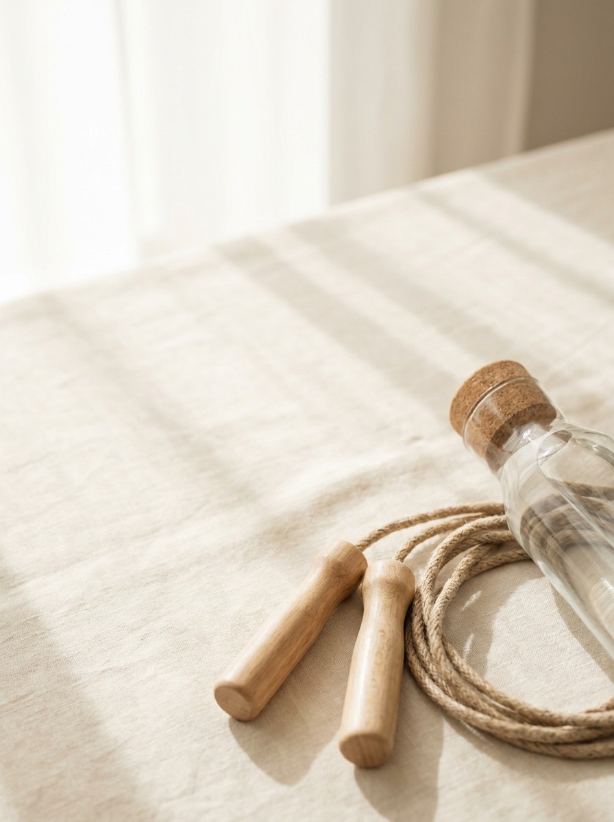 A coiled wooden-handled jump rope and a glass water bottle at the lower-right of cream linen, with bright empty space at the upper-left.