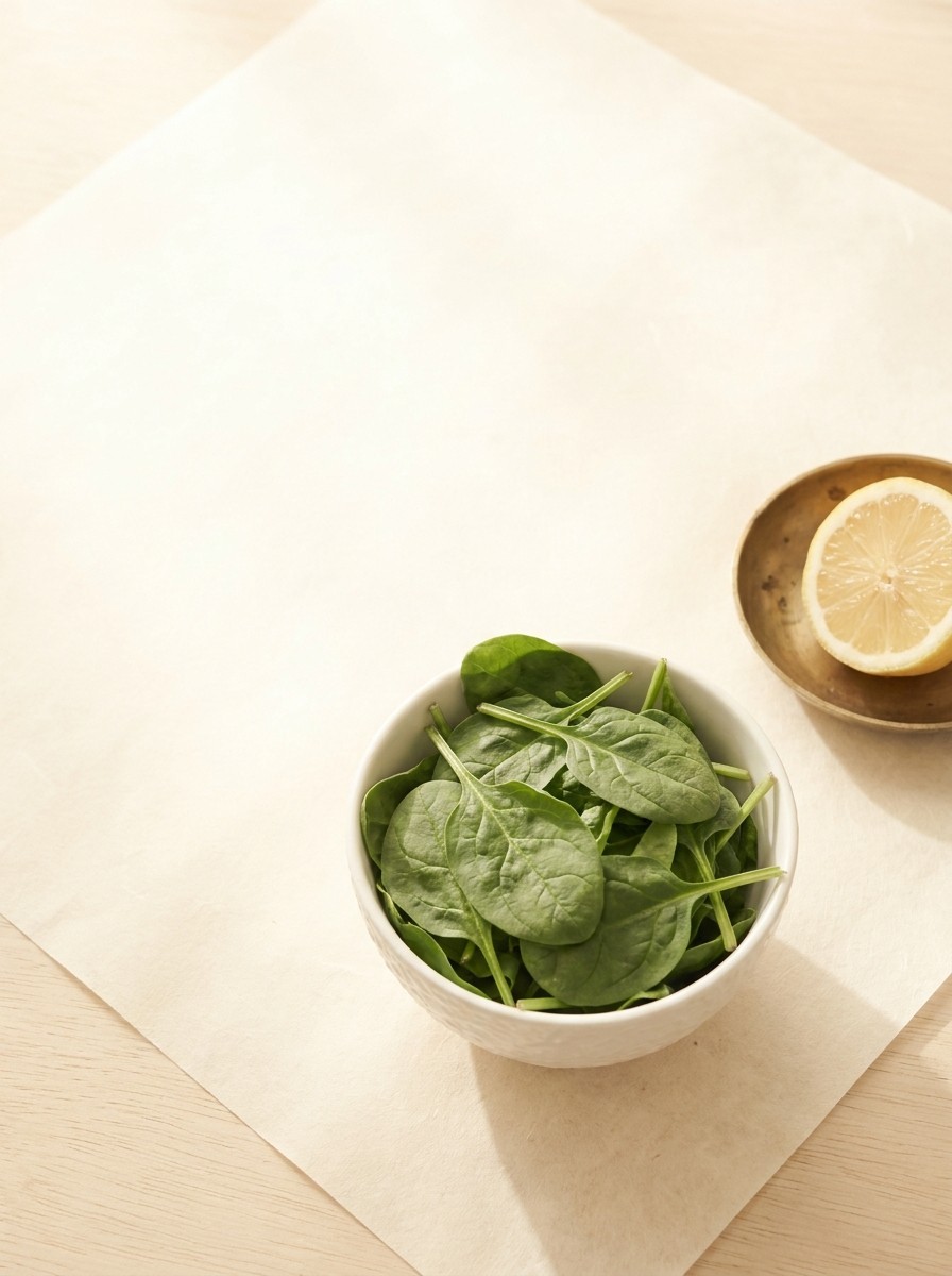 A white porcelain bowl of fresh spinach and half a lemon on a small brass dish at the lower-right of cream hanji paper, with bright empty space at the upper-left.