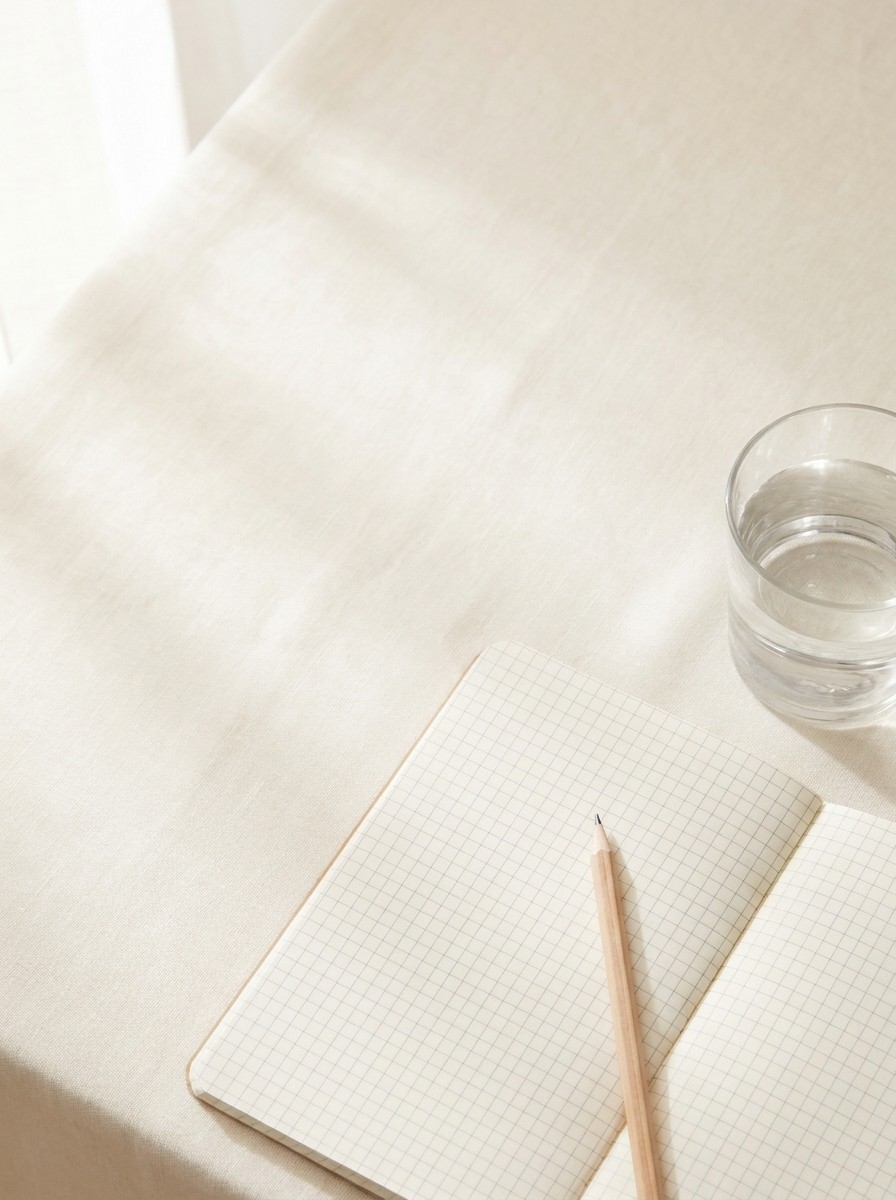 A blank grid notebook with a wooden pencil and a glass of water at the lower-right of cream linen, with bright empty space at the upper-left.