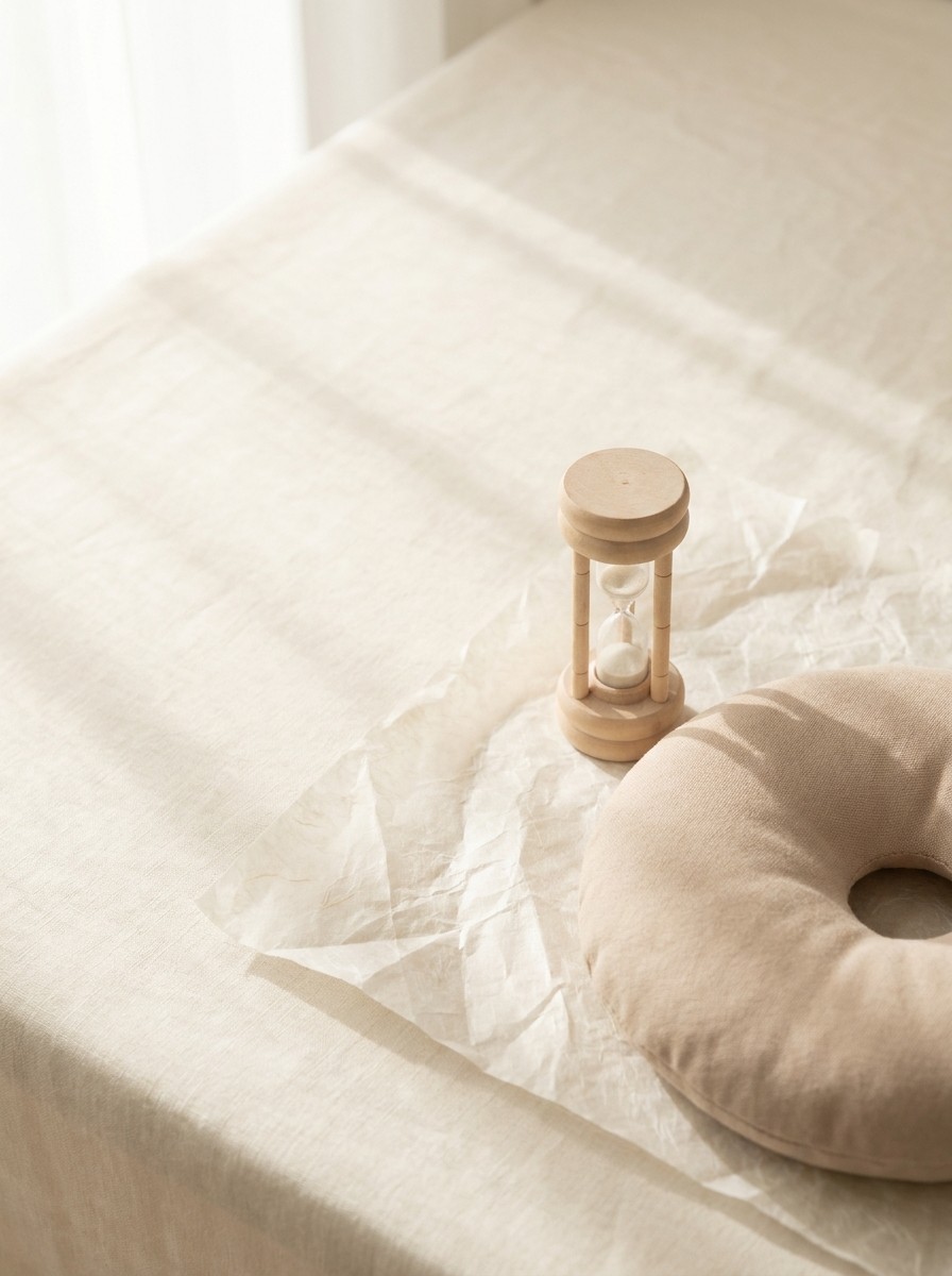 A small wooden hourglass and a round seat cushion with a center hole pushed to the lower-right of cream linen and hanji, the upper-left left empty in soft window light.