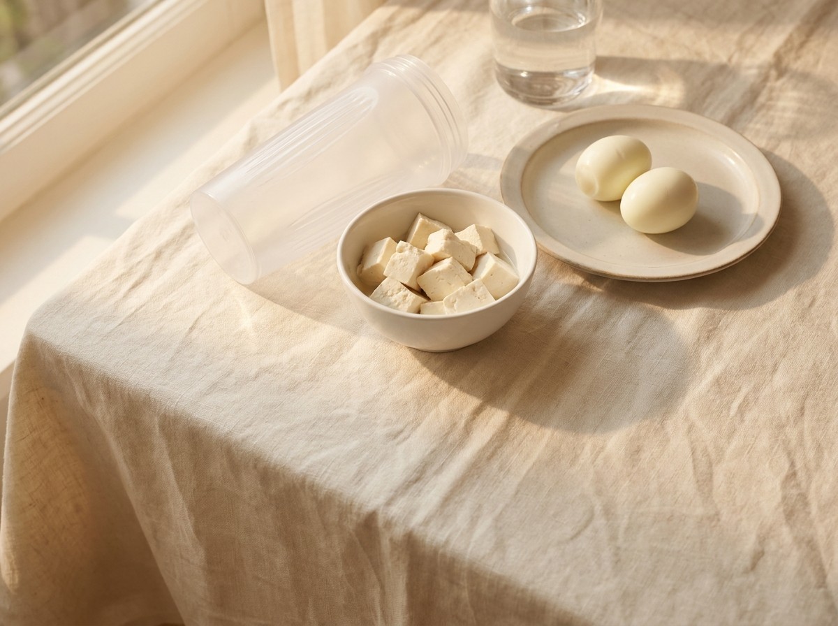 An empty clear protein shaker lying on its side, a small white bowl of tofu cubes, two peeled boiled eggs on a plate and a glass of water on cream linen in soft window light.