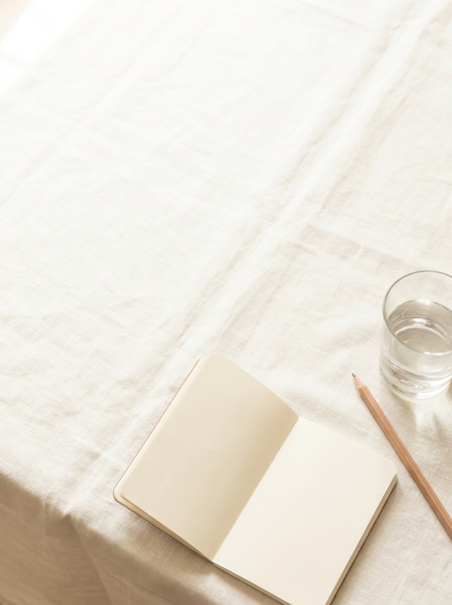 An open blank notebook, a pencil and a glass of water pushed to the lower-right of cream linen, the upper-left left empty.