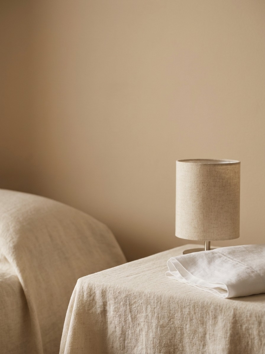 A switched-off bedside lamp with a linen shade and a folded white pillowcase at the lower-right, with soft empty wall at the upper-left.