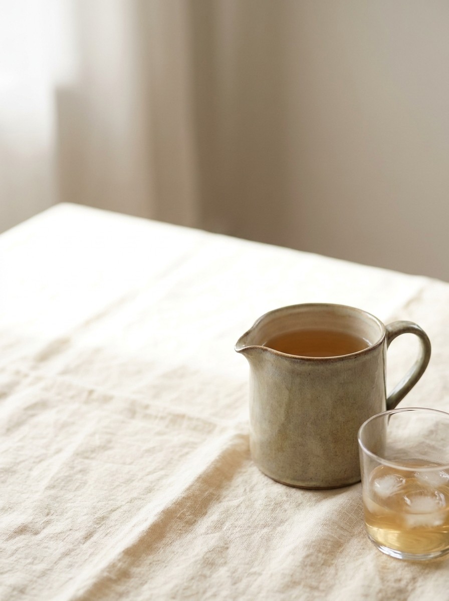 A ceramic pitcher of barley tea and a glass at the lower-right of cream linen, with bright empty space at the upper-left.