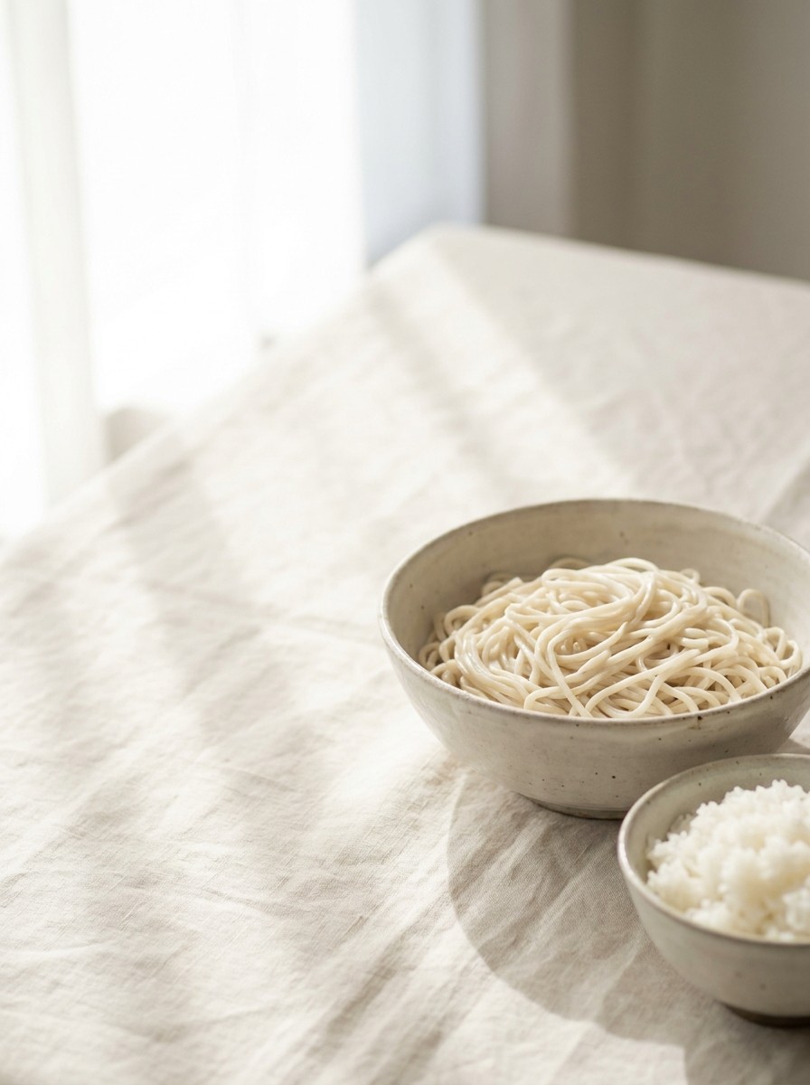 A bowl of plain noodles and a small bowl of white rice pushed to the lower-right of cream linen, the upper-left left empty.