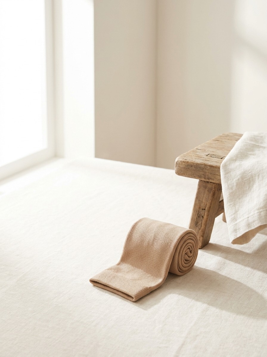 A rolled beige compression stocking on cream linen beside a small rustic wooden footstool draped with a linen napkin at the lower-right, with bright empty space at the upper-left.