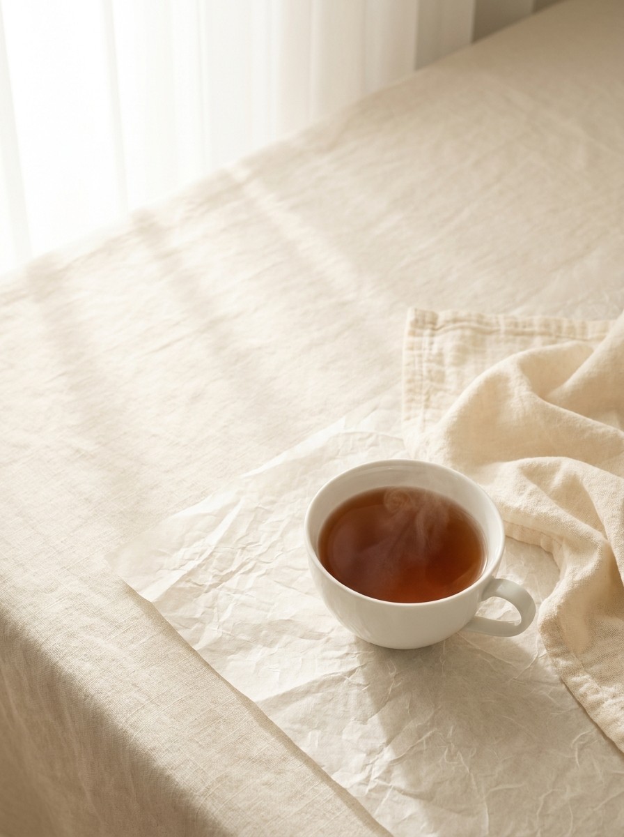 A white porcelain cup of warm jujube tea and a folded cream cotton blanket pushed to the lower-right of cream linen and hanji, the upper-left left empty in soft window light.