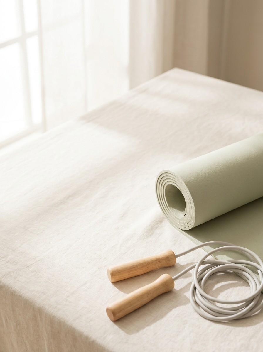 A rolled pale sage yoga mat and a light gray jump rope with wooden handles at the lower-right of cream linen, the upper-left left bright and empty.