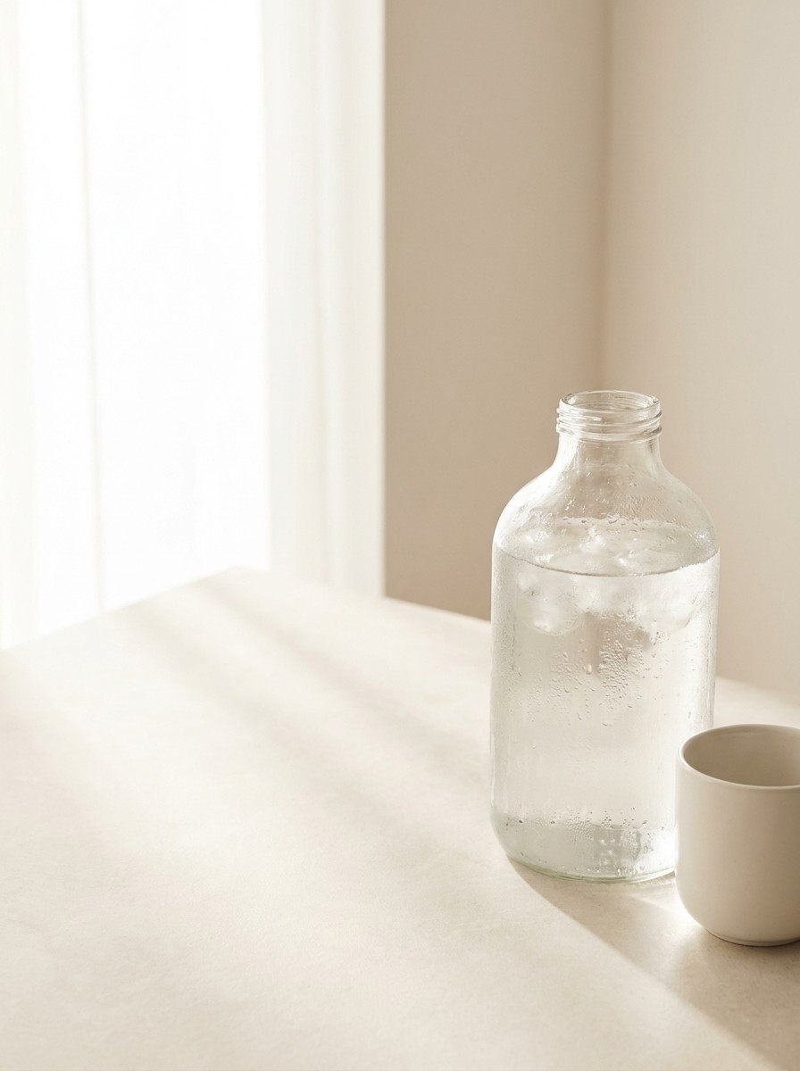 A soft natural-light still life with the props at the lower-right and bright empty space at the upper-left.