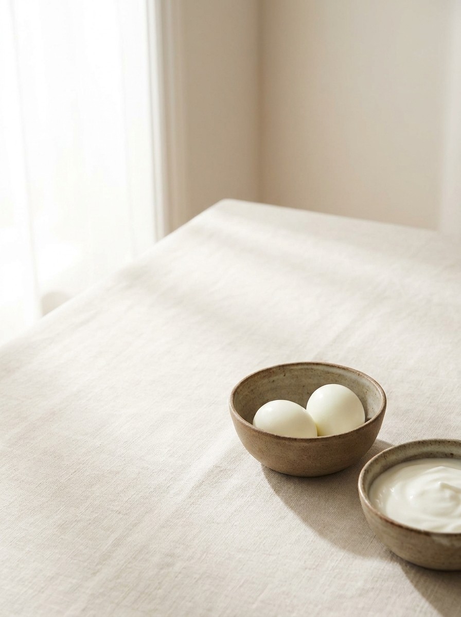 A bowl of two peeled boiled eggs and a bowl of plain yogurt pushed to the lower-right of cream linen, the upper-left left empty.