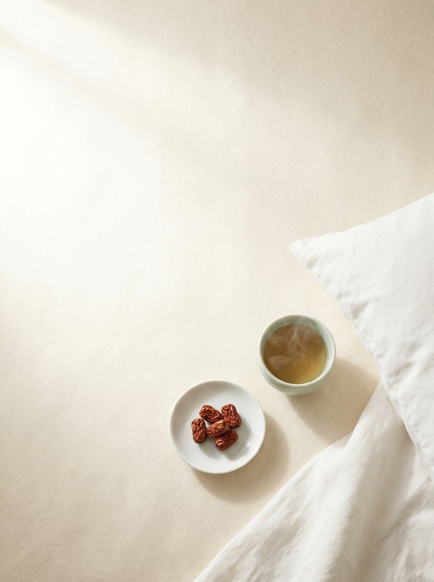 The corner of a white linen pillow, a celadon cup of warm tea and a small porcelain dish of dried jujubes at the lower-right of cream hanji paper, with bright empty space at the upper-left.