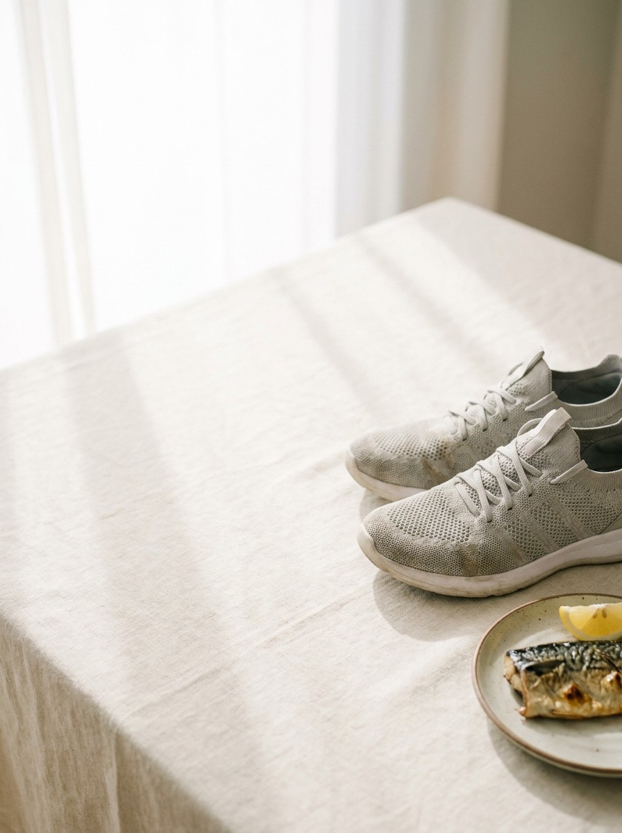 A pair of light grey walking sneakers and a plate of grilled mackerel pushed to the lower-right of cream linen, the upper-left left empty in soft window light.