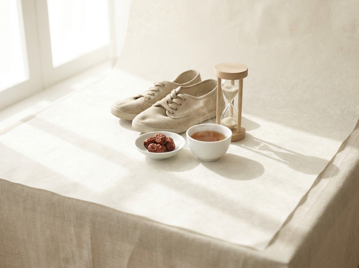 A pair of beige canvas walking shoes, a small wooden hourglass, a cup of warm tea and a dish of dried jujubes on cream hanji paper in soft window light.