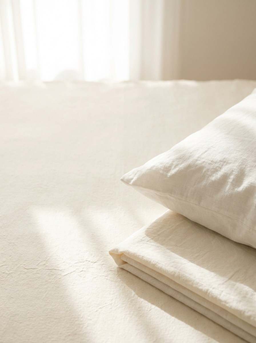 The corner of a white linen pillow and a folded cotton blanket pushed to the lower-right of cream hanji, the upper-left left empty.