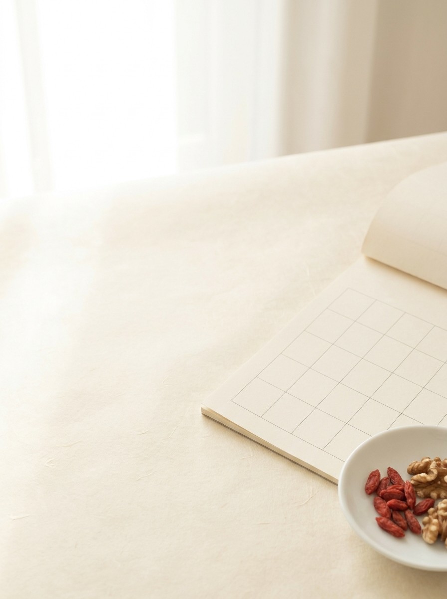 A paper calendar page with an empty grid and a white dish of goji berries and walnuts pushed to the lower-right of hanji paper, the upper-left left empty.