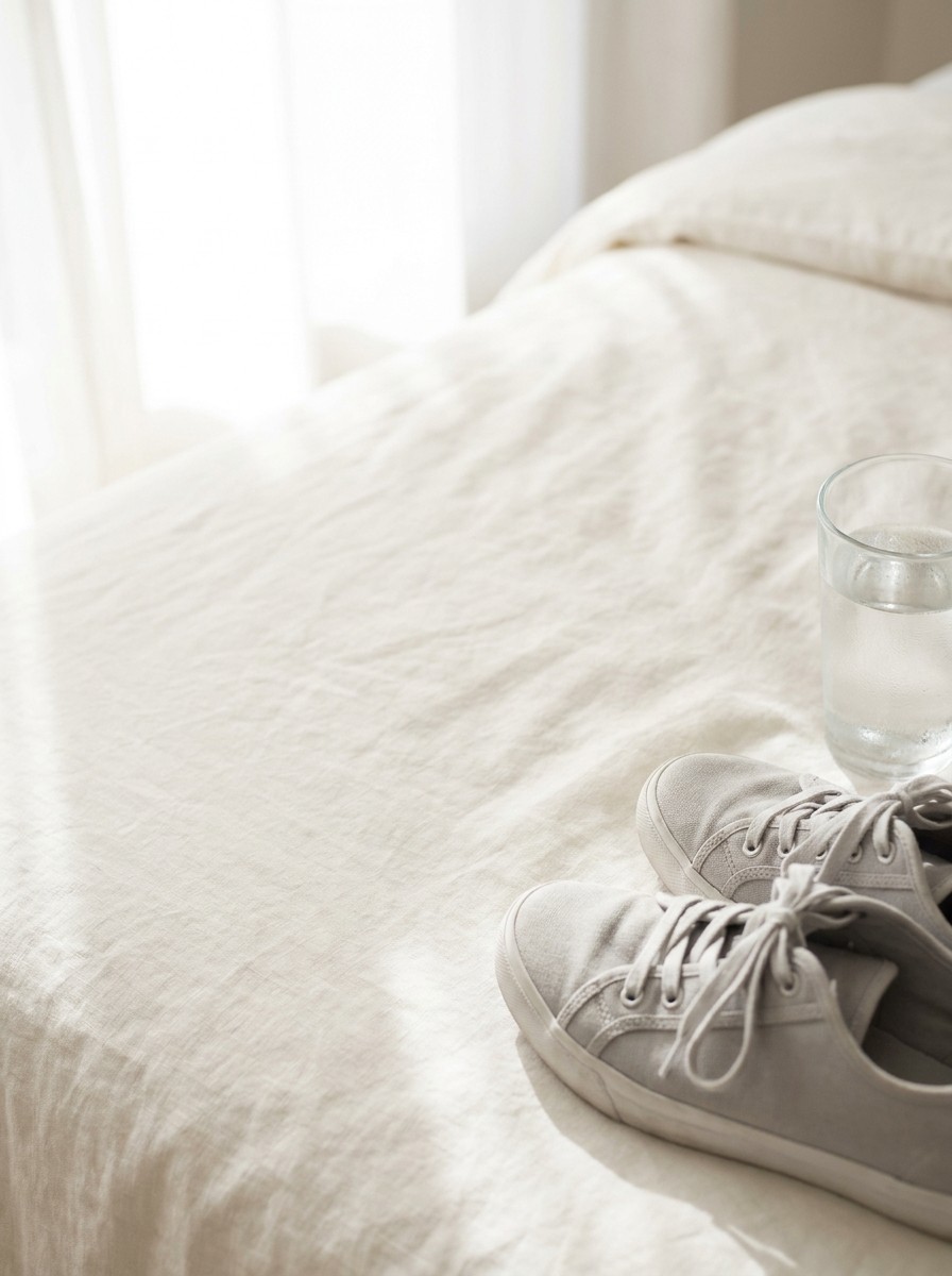 A pair of light gray walking sneakers and a glass of water at the lower-right of cream linen, the upper-left left bright and empty.
