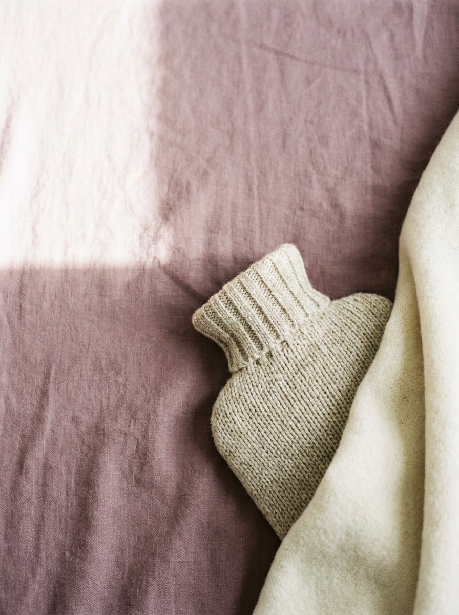 A knitted-cover hot water bottle and a soft folded cream blanket on soft plum-mauve linen, with open space at upper left.