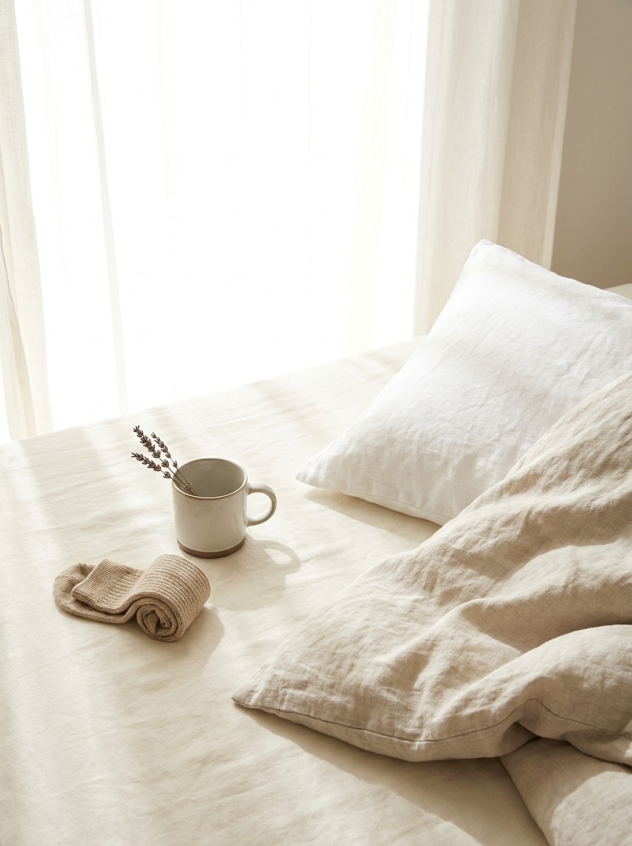 The corner of a white linen pillow and a folded linen duvet pushed to the lower-right of a cream linen bed, the upper-left left empty in soft window light.