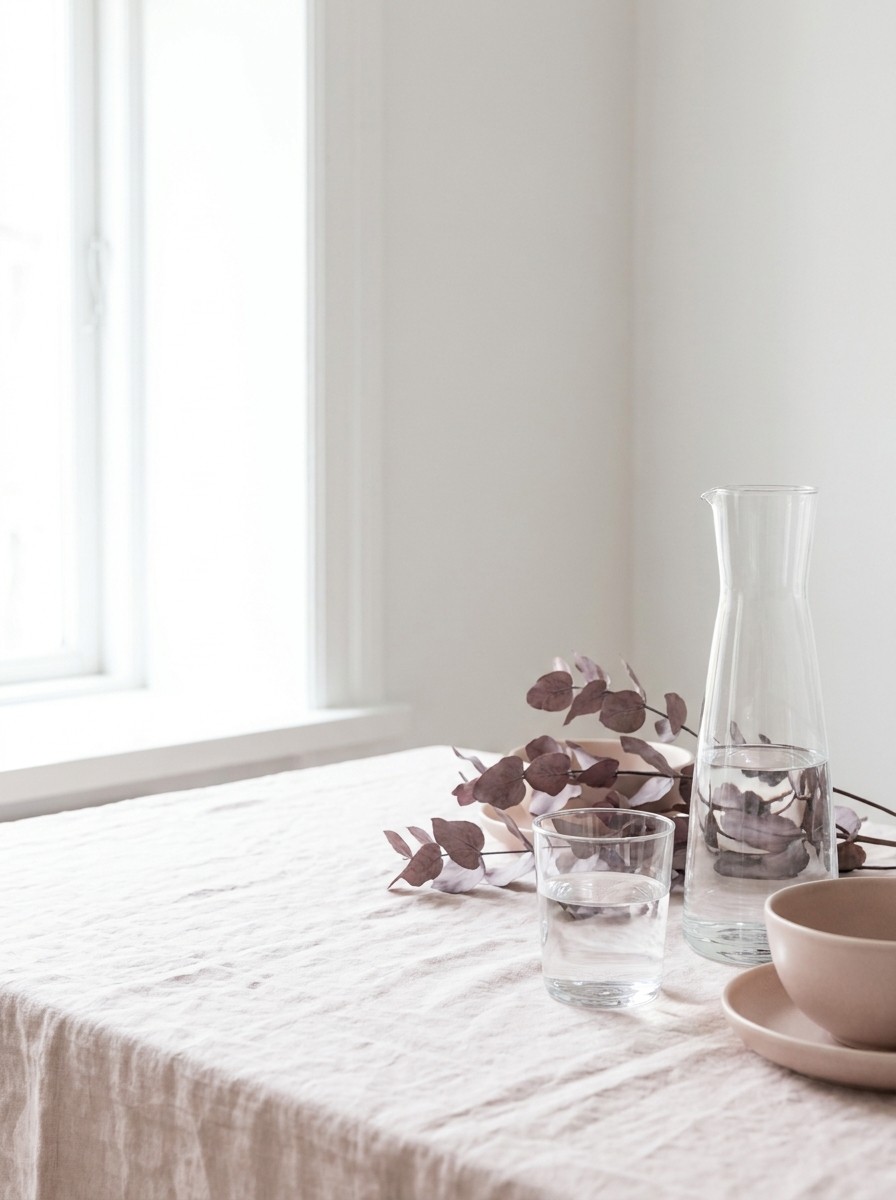 A tall clear glass water bottle and a clear drinking glass of water on blush linen, with open space at upper left.