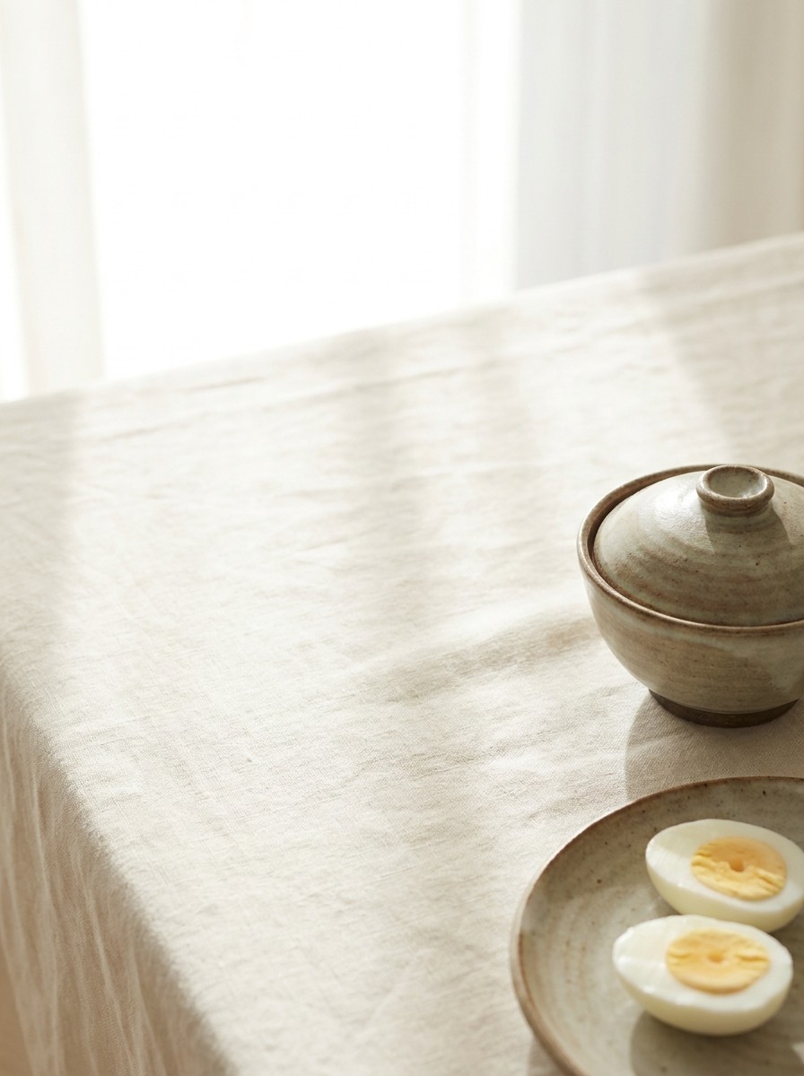 A lidded ceramic rice bowl and a plate with halved boiled eggs pushed to the lower-right of cream linen, the upper-left left empty in soft window light.