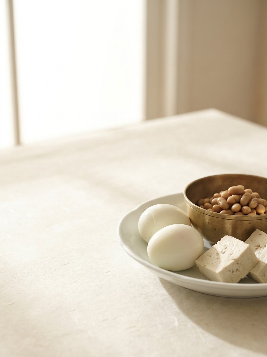 A white porcelain dish of boiled eggs and tofu with a small brass bowl of cooked beans pushed to the lower-right of cream hanji, the upper-left left empty.