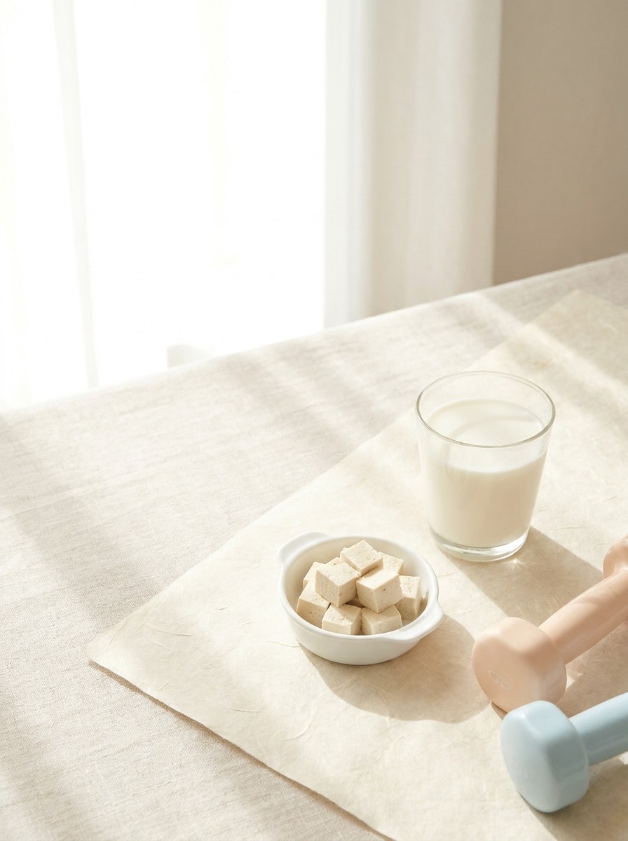 A glass of milk, a small white dish of tofu cubes and a pair of pastel hand dumbbells at the lower-right of cream hanji paper, with bright empty space at the upper-left.