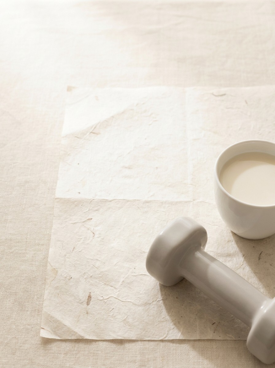 A small light-gray dumbbell and a white porcelain cup of soy milk at the lower-right of hanji paper on cream linen, the upper-left left empty.