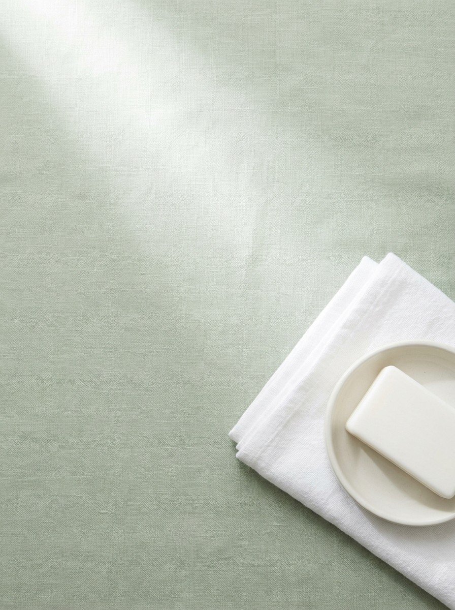 A folded white cotton towel and a plain white bar of soap on a ceramic dish on sage-green linen, with open space at upper left.