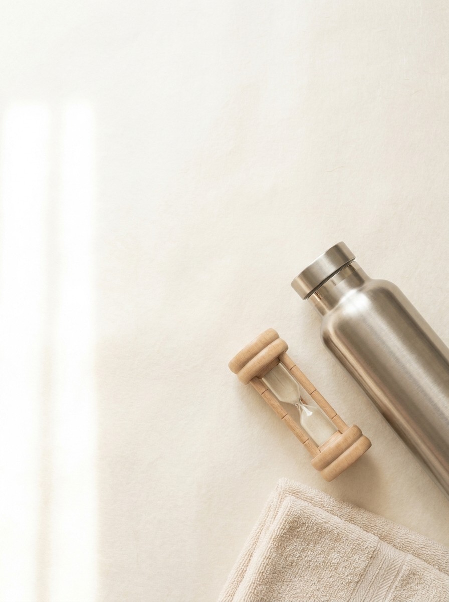 A stainless water bottle lying on its side, a small wooden hourglass and a folded cotton towel at the lower-right of cream hanji paper, with bright empty space at the upper-left.