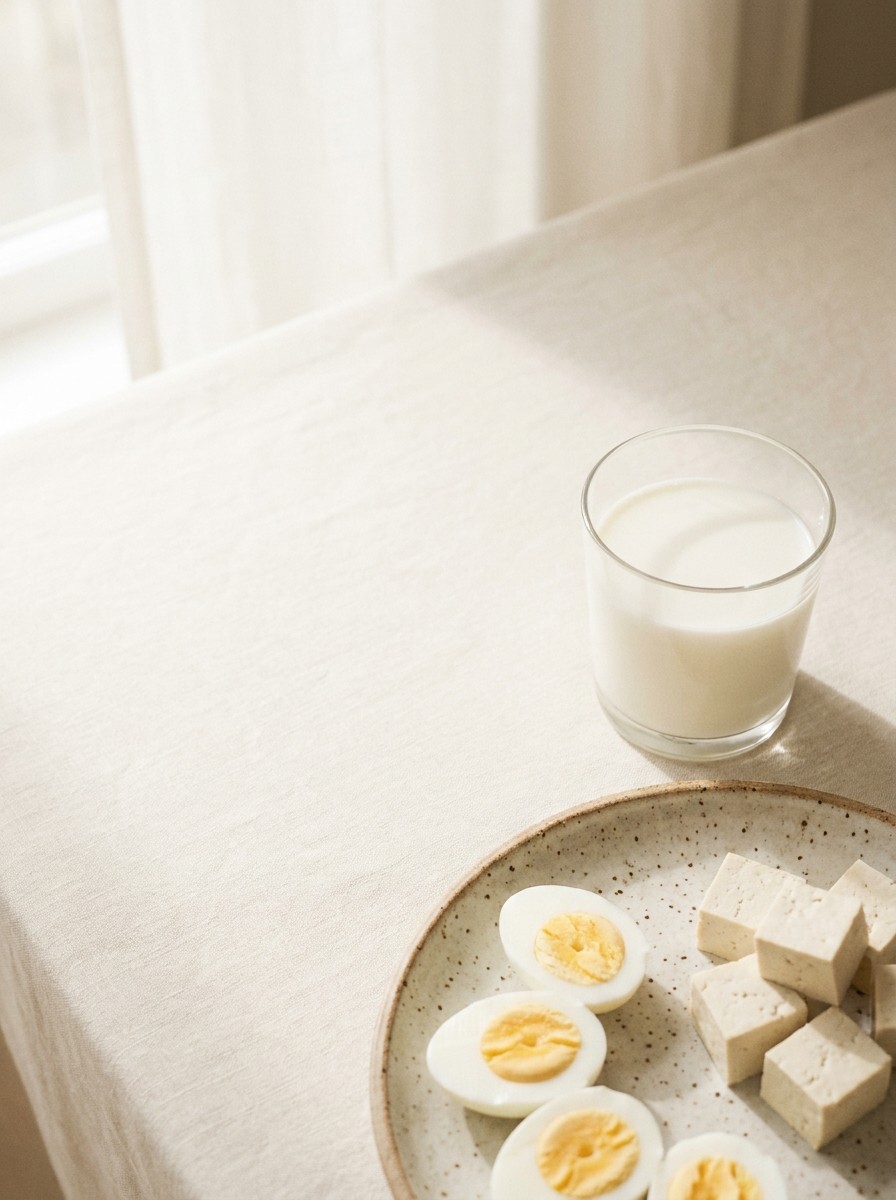 A plate of halved boiled eggs and tofu cubes with a glass of milk pushed to the lower-right of cream linen, the upper-left left empty in soft window light.