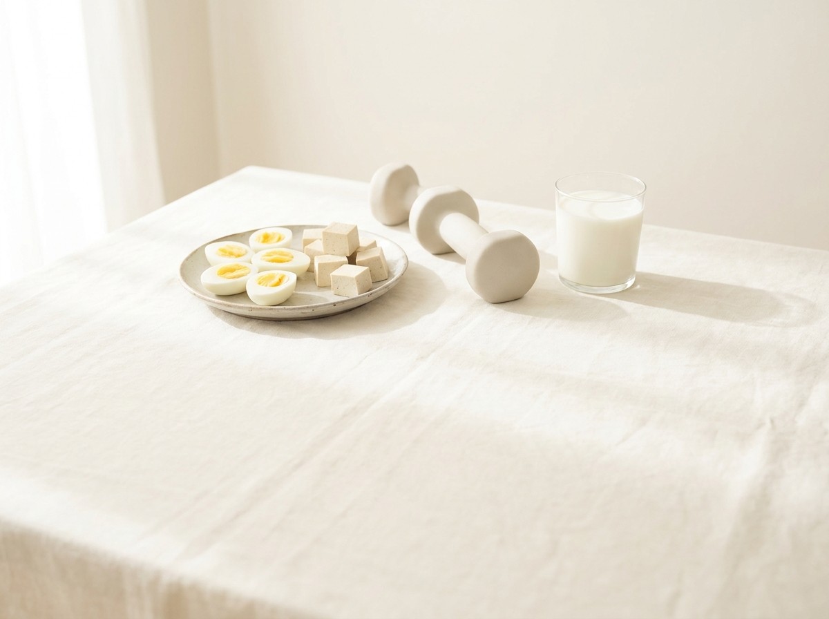 A plate of halved boiled eggs and tofu cubes, a pair of small plain hand dumbbells and a glass of milk grouped on cream linen in soft window light.