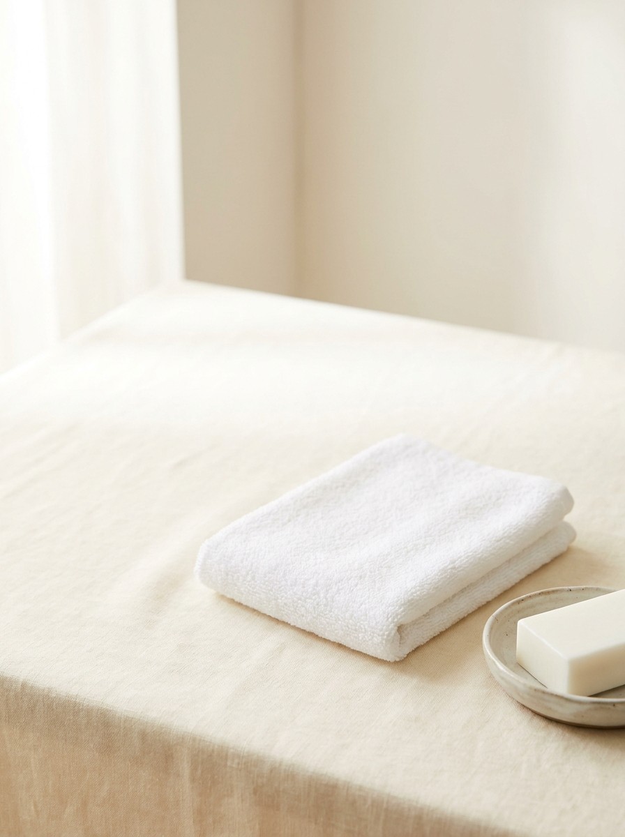 A folded white cotton face towel and a small ceramic dish with a plain soap bar at the lower-right of cream linen, with bright empty space at the upper-left.