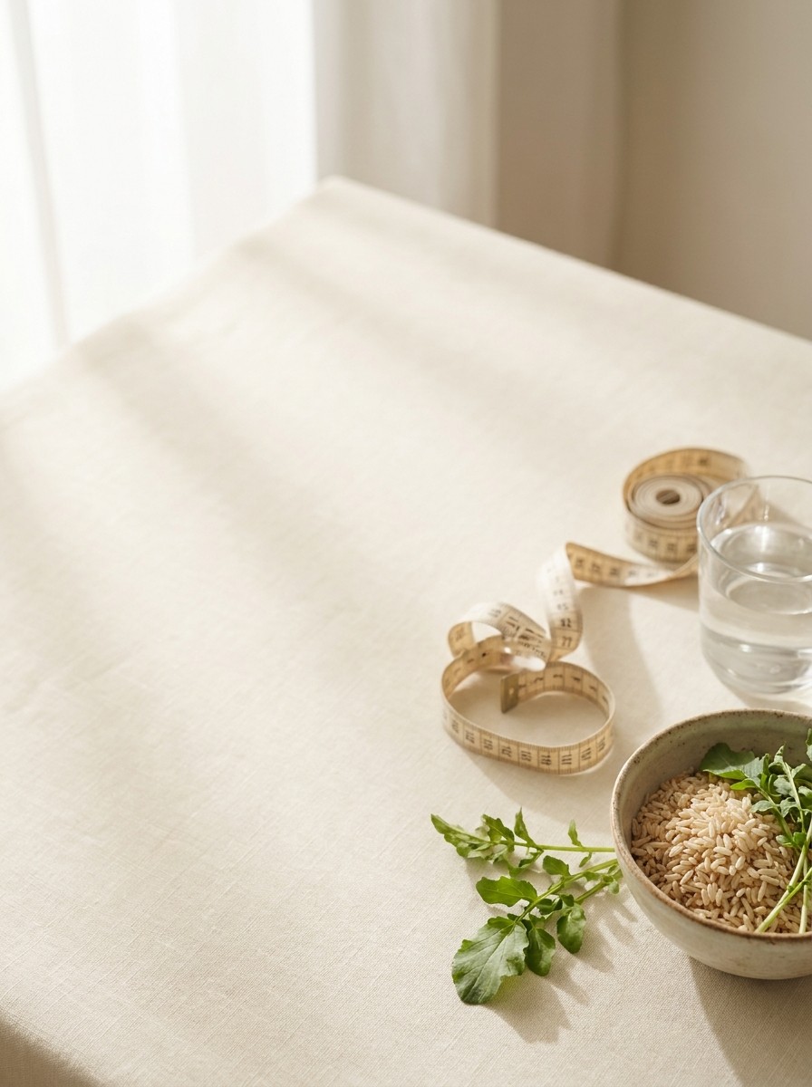 A bowl of brown rice with greens, a glass of water and a coiled measuring tape at the lower-right of cream linen, the upper-left left empty.