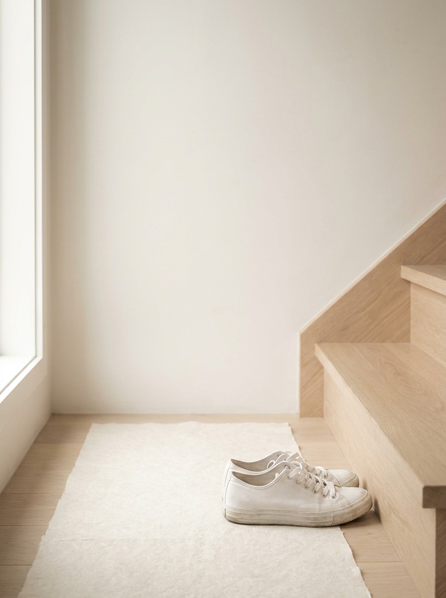 A pair of white sneakers on a cream hanji runner beside the lowest steps of a pale oak staircase, the upper-left wall left empty.