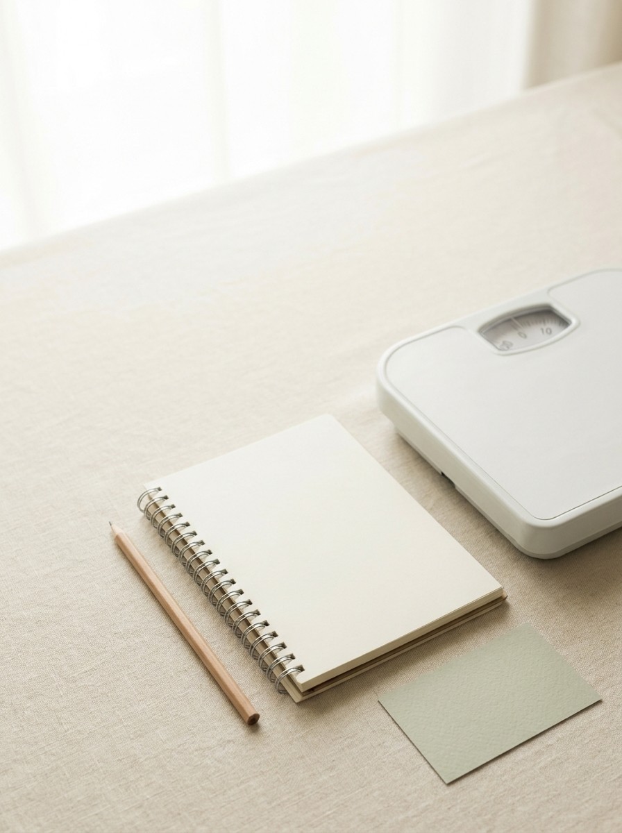 A blank spiral notebook with a wooden pencil, a white bathroom scale and a small sage paper card at the lower-right of cream linen, with bright empty space at the upper-left.