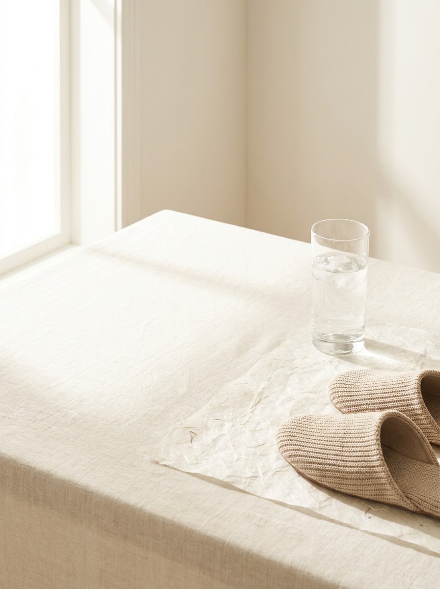 A tall glass of water and beige knit slippers pushed to the lower-right of cream linen and hanji, the upper-left left empty in soft window light.