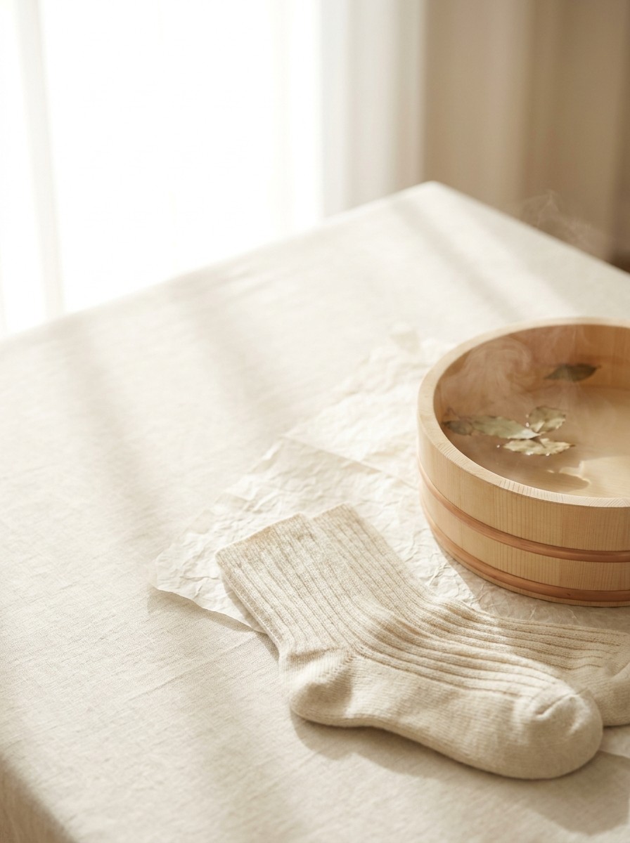 Thick cream wool socks and a small wooden foot-bath basin with warm water pushed to the lower-right of cream linen and hanji, the upper-left left empty in soft window light.
