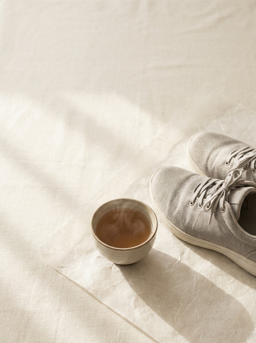 Grey walking sneakers and a cup of warm barley tea pushed to the lower-right of cream linen and hanji, the upper-left left empty in soft window light.