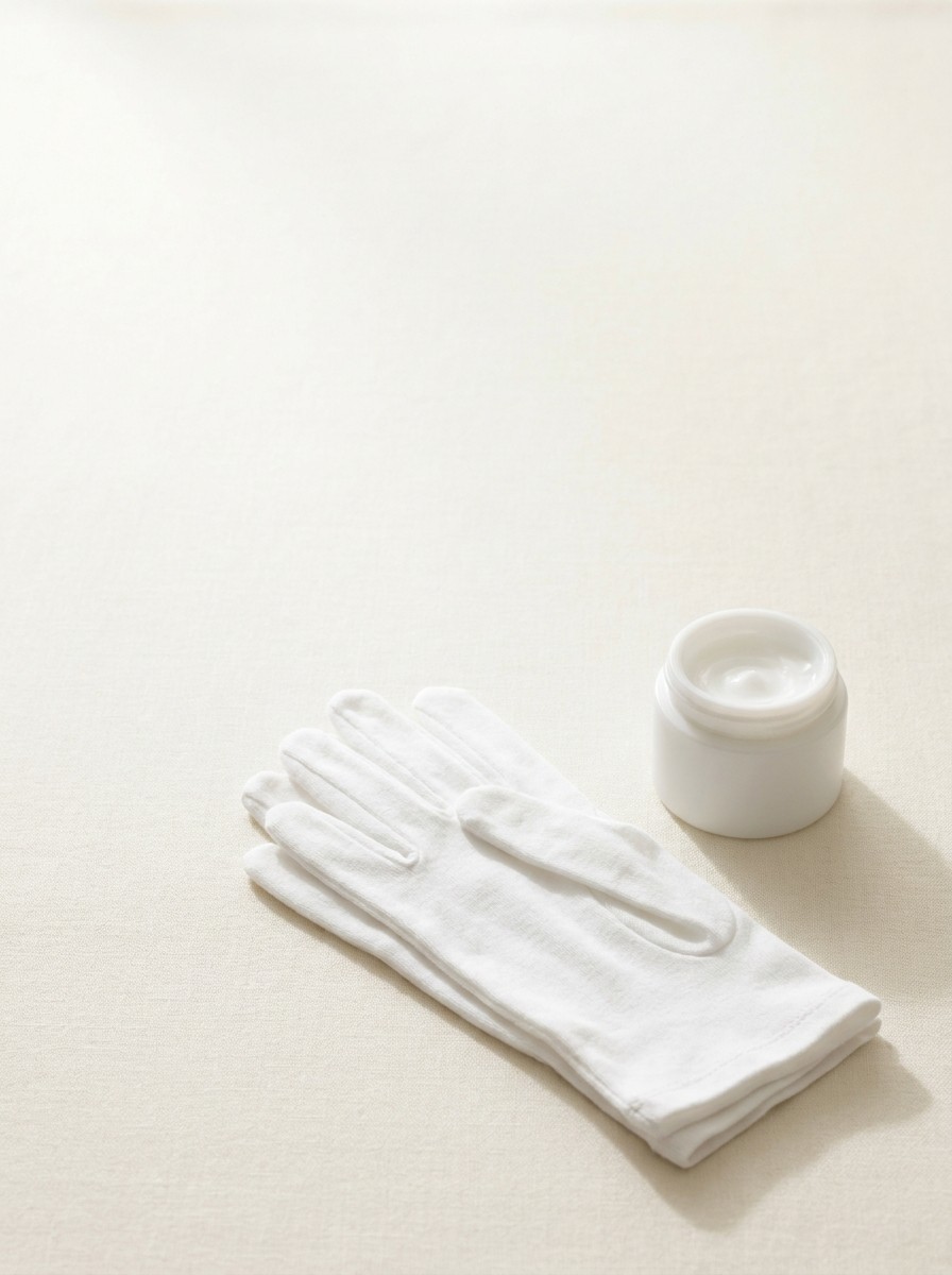 Folded white cotton gloves and a small unlabeled white jar of moisturizing cream at the lower-right of cream linen, with bright empty space at the upper-left.