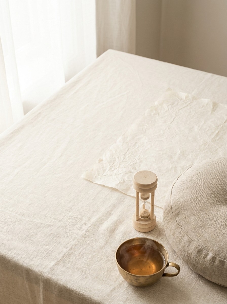 A small wooden hourglass, a round linen floor cushion and a brass cup of warm tea at the lower-right of cream linen, the upper-left left empty.