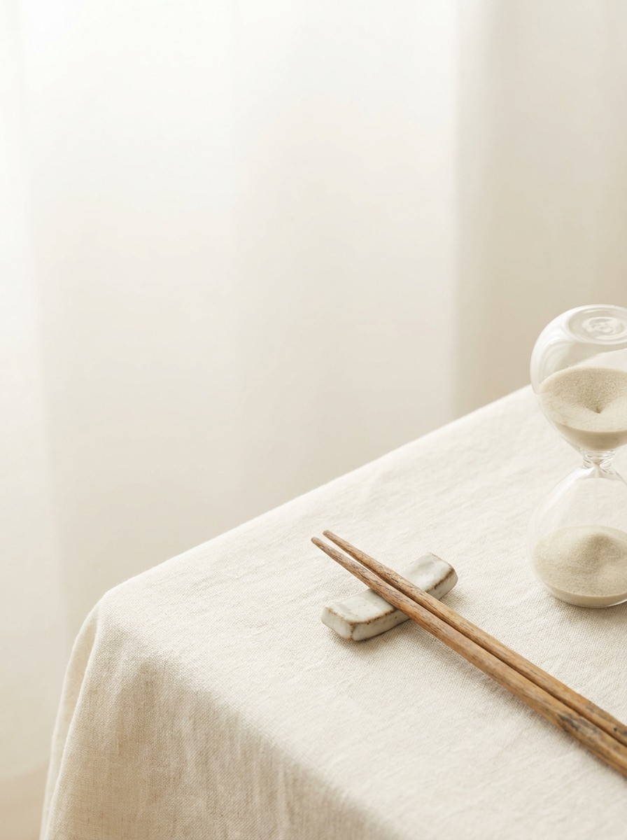 Wooden chopsticks resting on a ceramic chopstick rest beside a small glass hourglass, pushed to the lower-right of cream linen with the upper-left left empty.