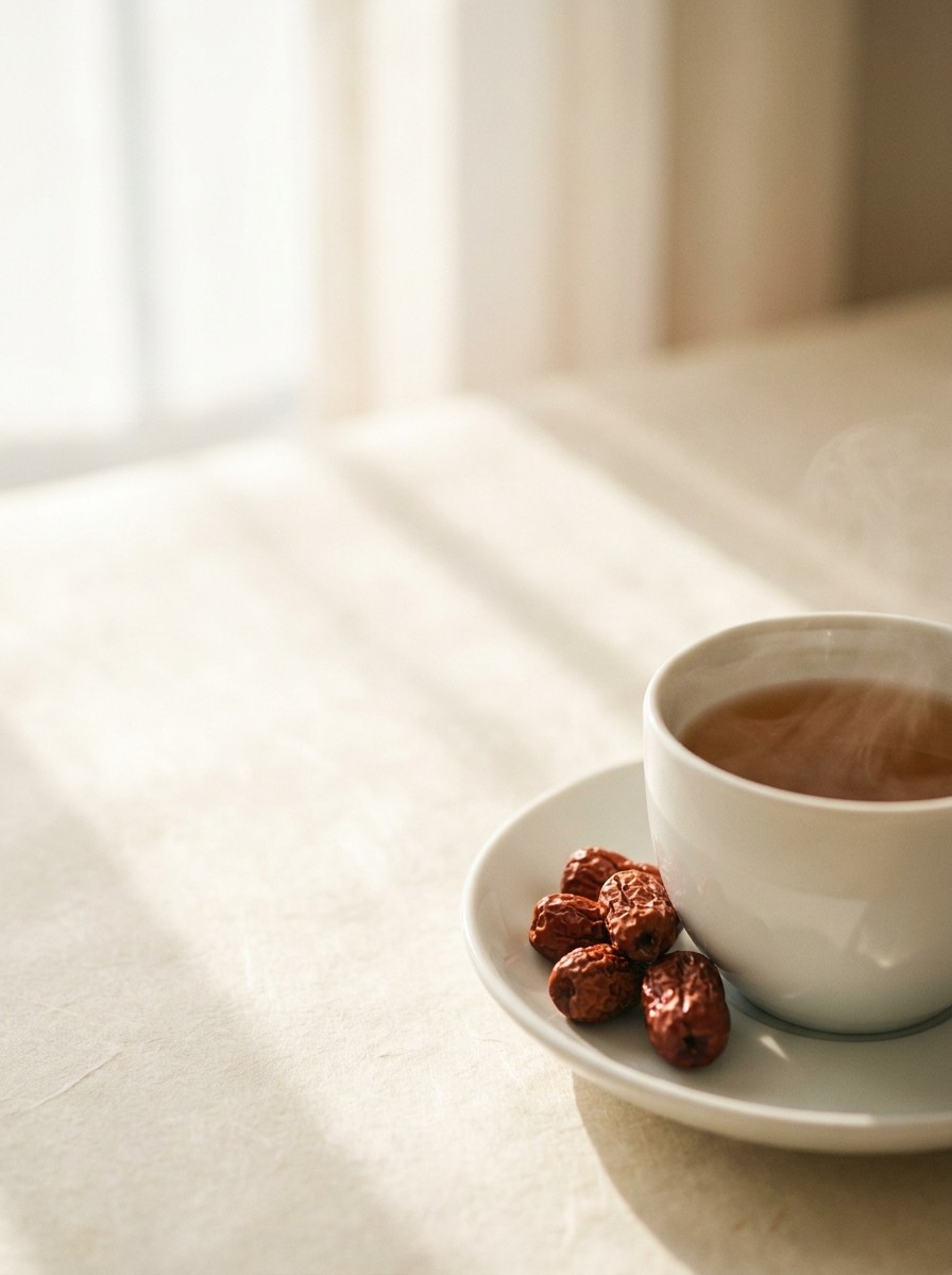 A white porcelain cup of warm tea and dried jujubes on a small dish at the lower-right of cream hanji paper, the upper-left left empty.