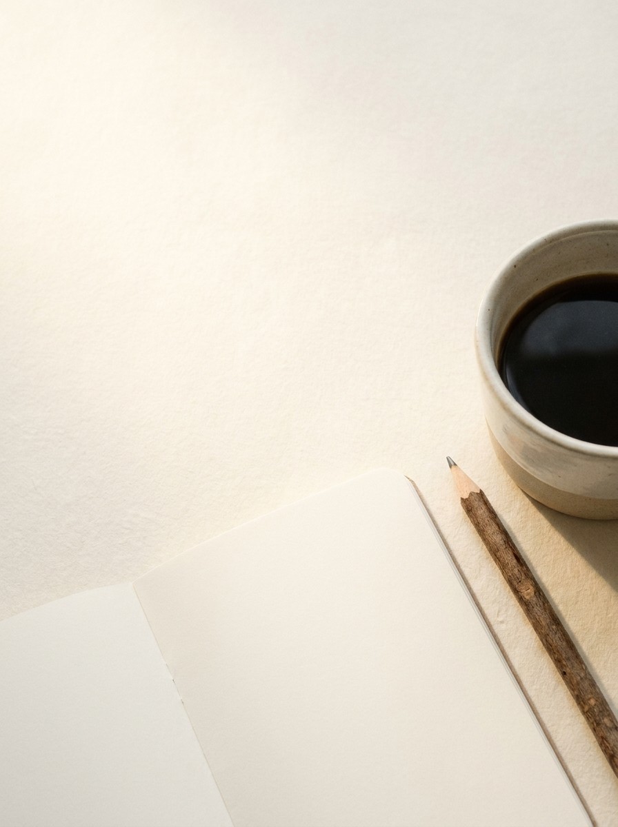 A soft natural-light still life with the props at the lower-right and bright empty space at the upper-left.