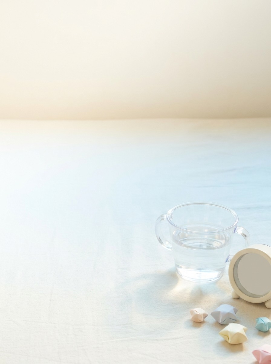 A small clear children's cup half filled with water, a little alarm clock with a blank face and folded paper stars on a cream bedsheet, with open space at upper left.