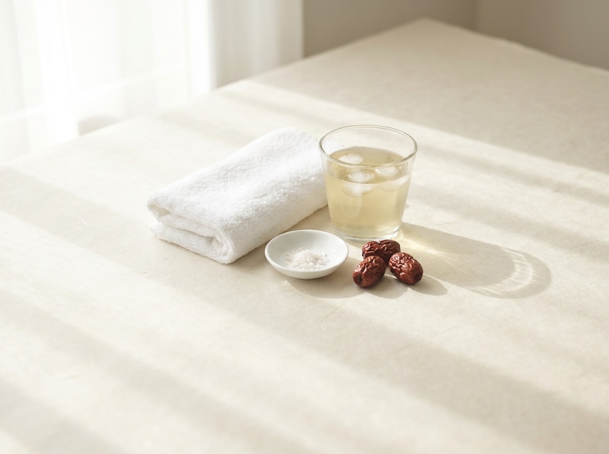 A folded white cotton towel, a glass of cool barley tea, a tiny porcelain dish of coarse salt and a few dried jujubes on cream hanji paper in soft window light.