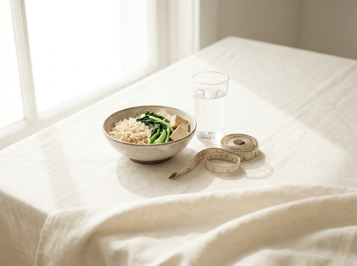 A ceramic bowl of brown rice with steamed greens and tofu, a tall glass of water and a loosely coiled cloth tape measure on cream linen in soft window light.