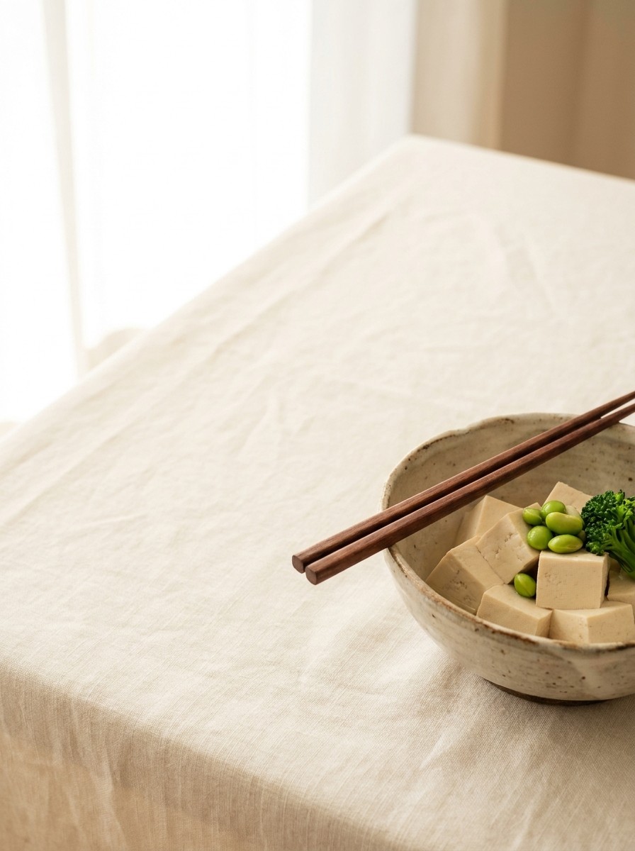 A ceramic bowl of steamed tofu cubes with green vegetables and wooden chopsticks at the lower-right of a cream linen tablecloth, with bright empty space at the upper-left.