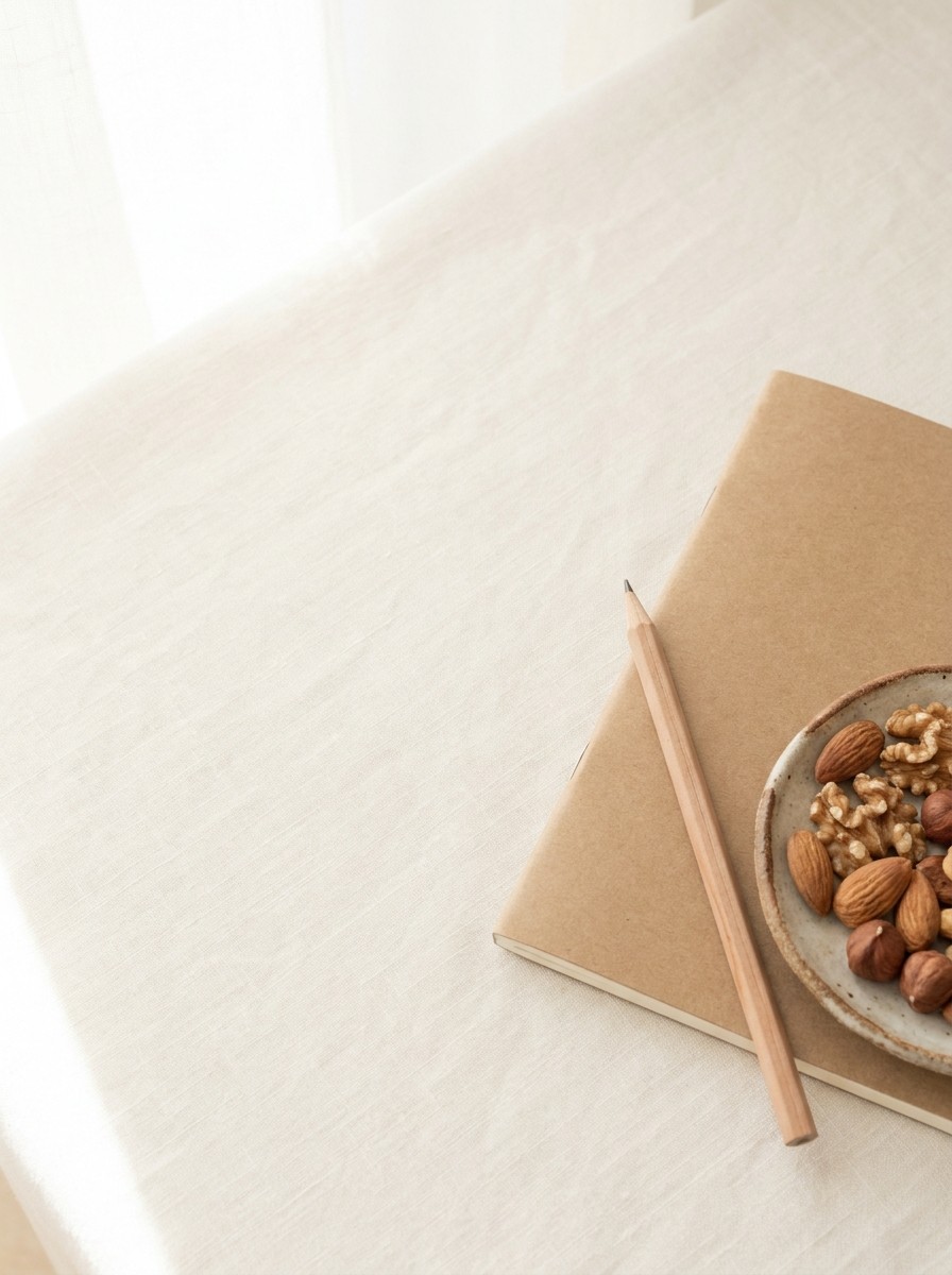 A closed kraft-paper notebook with a pencil and a small ceramic dish of mixed nuts at the lower-right of cream linen, with bright empty space at the upper-left.