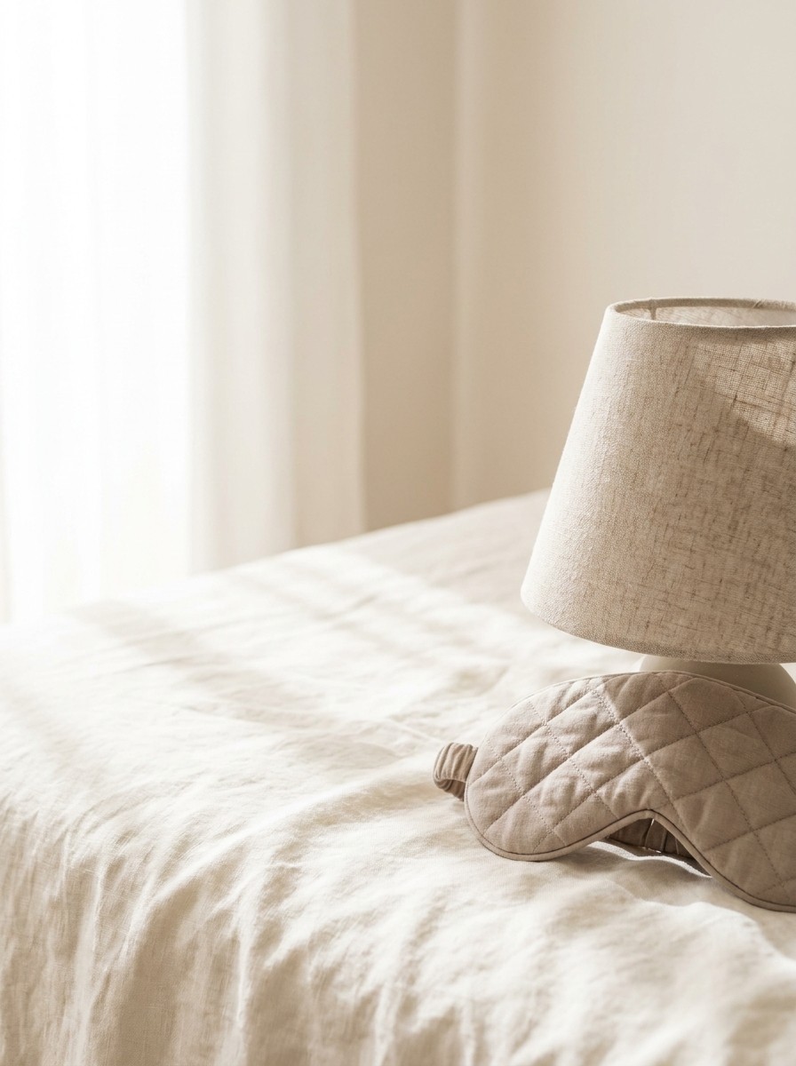 A switched-off bedside lamp with a linen shade and a folded sleep eye mask at the lower-right of cream linen, with bright empty space at the upper-left.